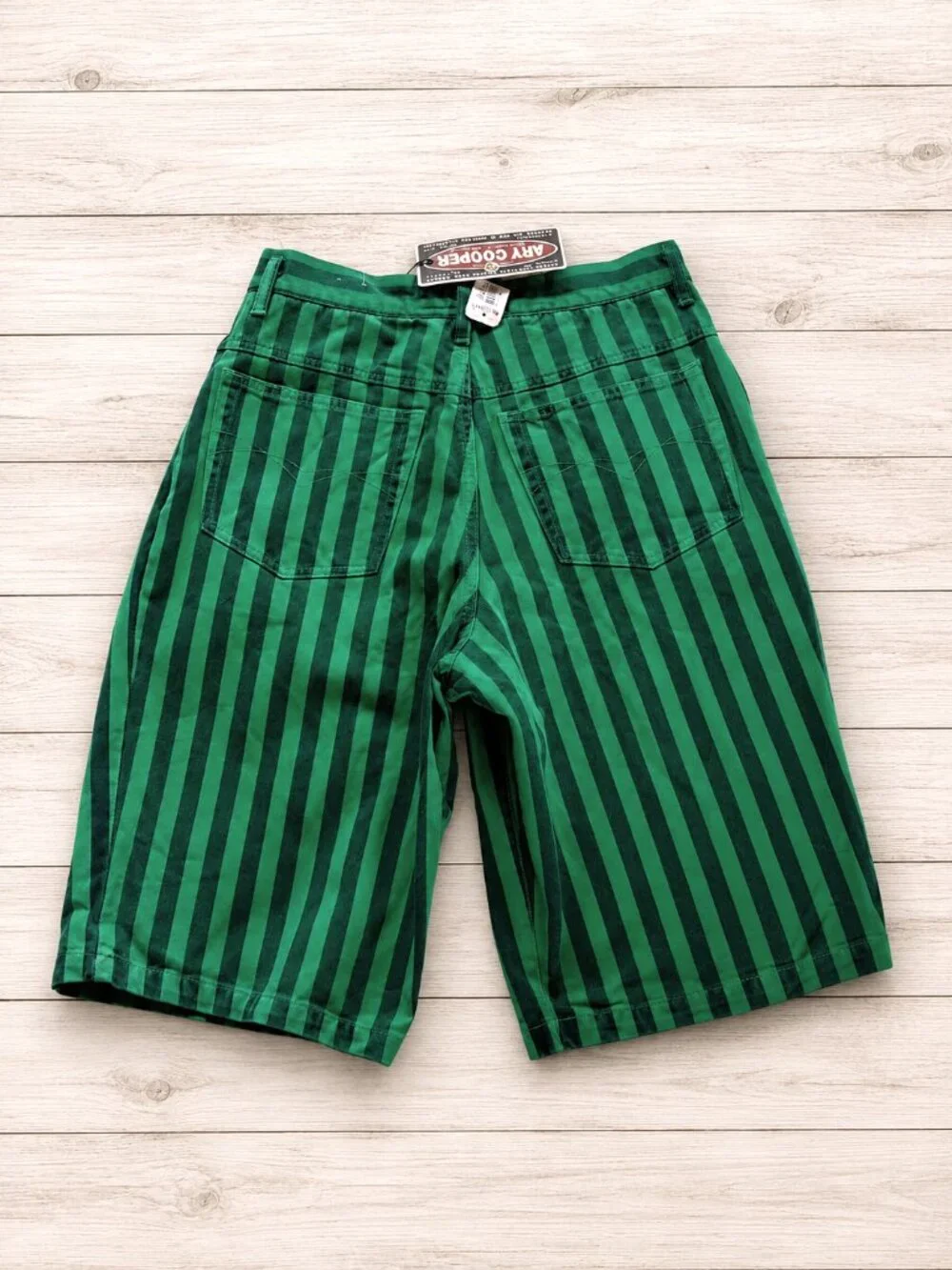 Vintage Ary Cooper Green Black Striped Shorts Men's 34 Cotton 90s Made in Hong K
